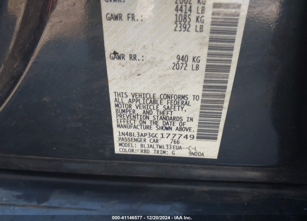 2016 NISSAN ALTIMA VIN: 1N4BL3AP3GC177749