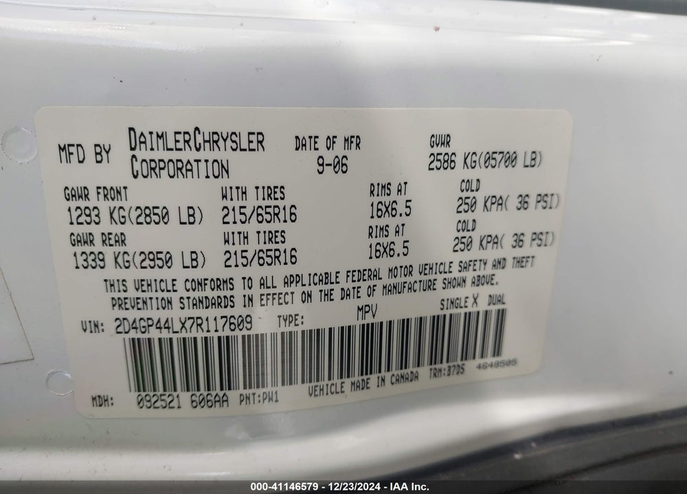 2007 DODGE GRAND CARAVAN SXT VIN: 2D4GP44LX7R117609