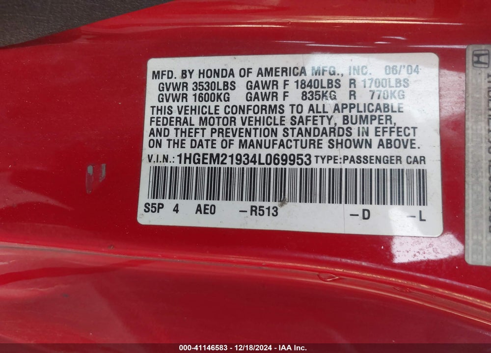 2004 HONDA CIVIC EX VIN: 1HGEM21934L069953