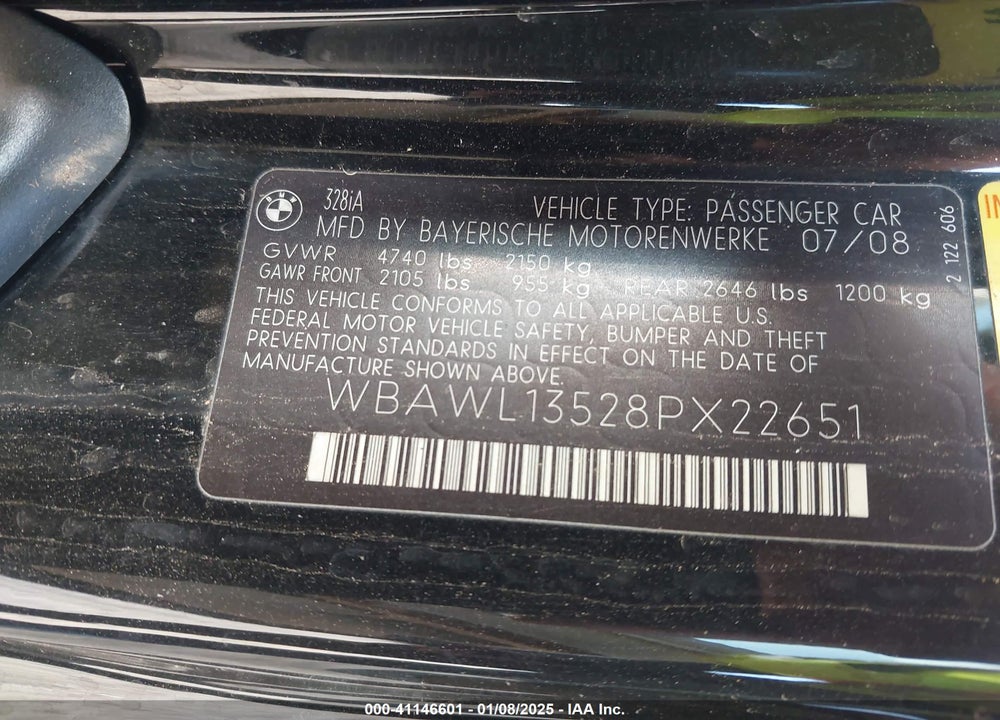 2008 BMW 328I VIN: WBAWL13528PX22651