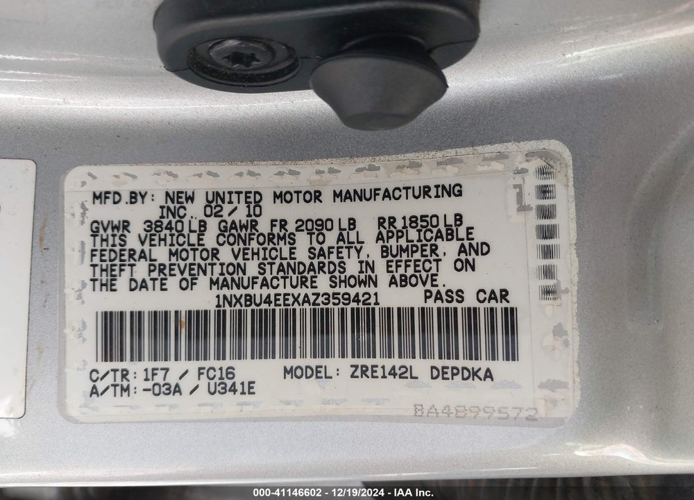 2010 TOYOTA COROLLA VIN: 1NXBU4EEXAZ359421