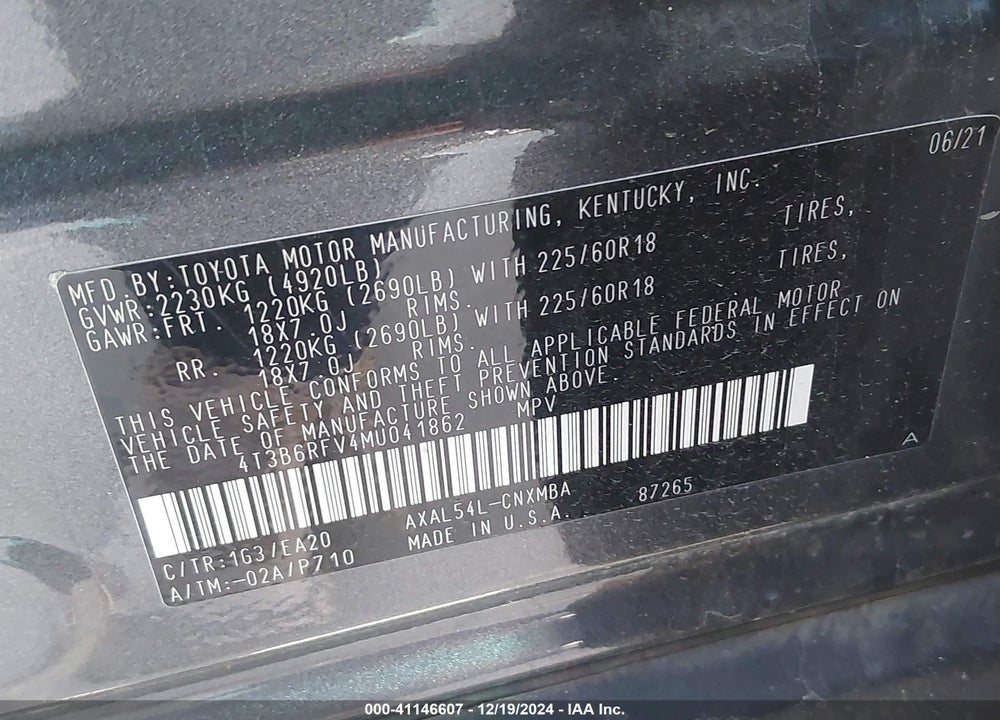 2021 TOYOTA RAV4 HYBRID XLE PREMIUM VIN: 4T3B6RFV4MU041862