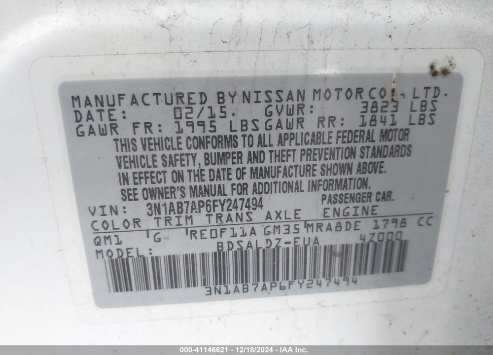2015 NISSAN SENTRA FE+ S/S/SL/SR/SV VIN: 3N1AB7AP6FY247494