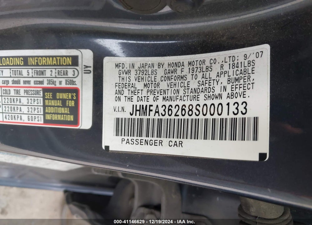 2008 HONDA CIVIC HYBRID VIN: JHMFA36268S000133