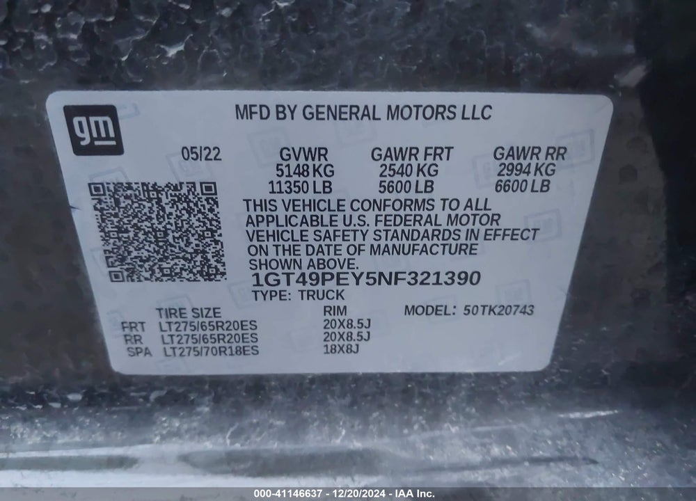 2022 GMC SIERRA 2500HD 4WD STANDARD BED AT4 VIN: 1GT49PEY5NF321390