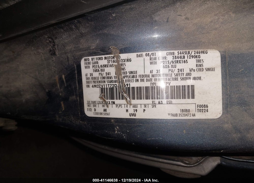 2002 MERCURY VILLAGER VIN: 4M2ZV11T72DJ00691