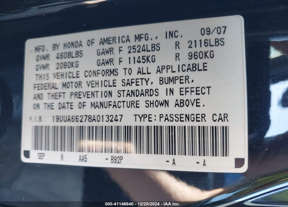 2008 ACURA TL 3.2 VIN: 19UUA66278A013247