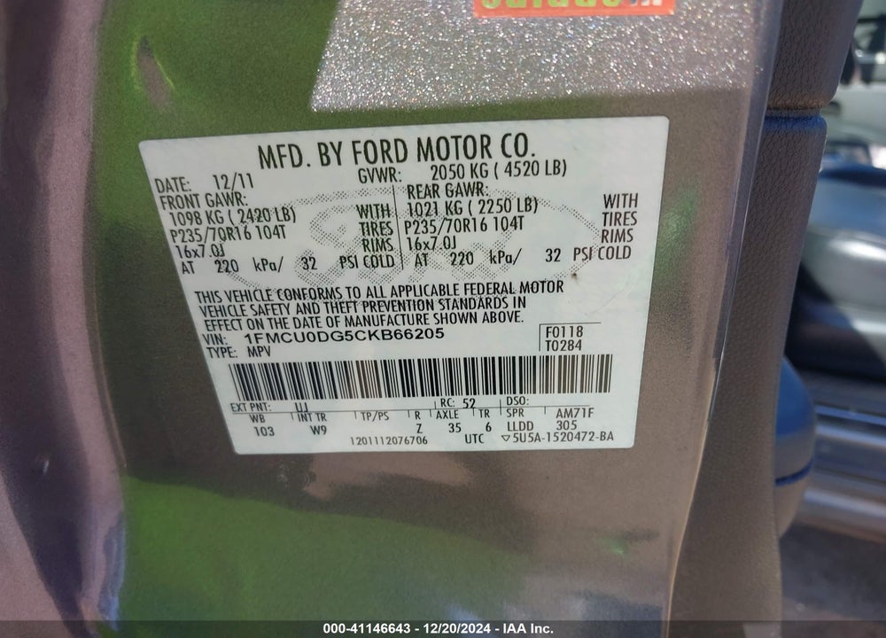 2012 FORD ESCAPE XLT VIN: 1FMCU0DG5CKB66205