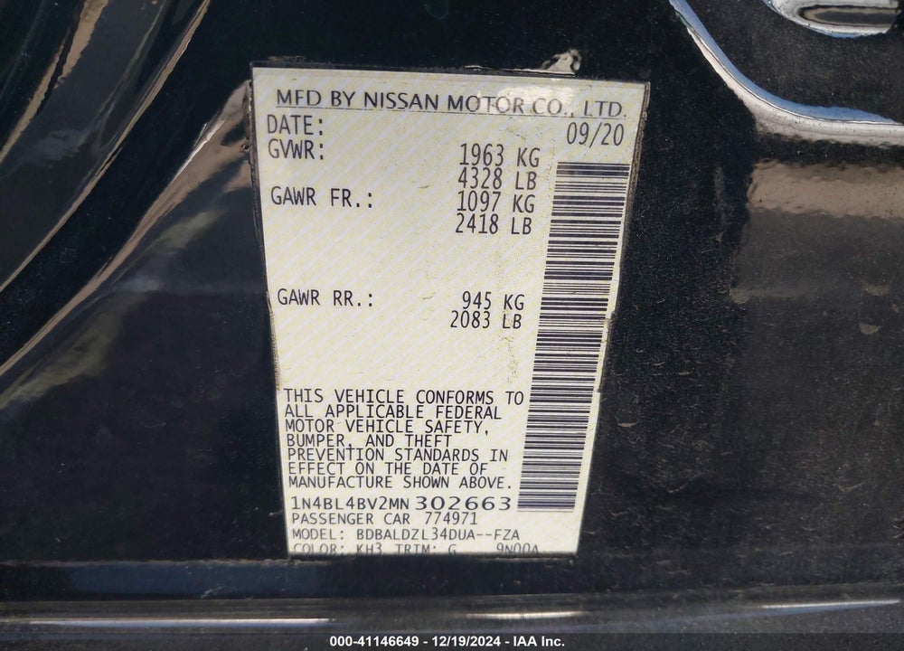 2021 NISSAN ALTIMA VIN: 1N4BL4BV2MN302663