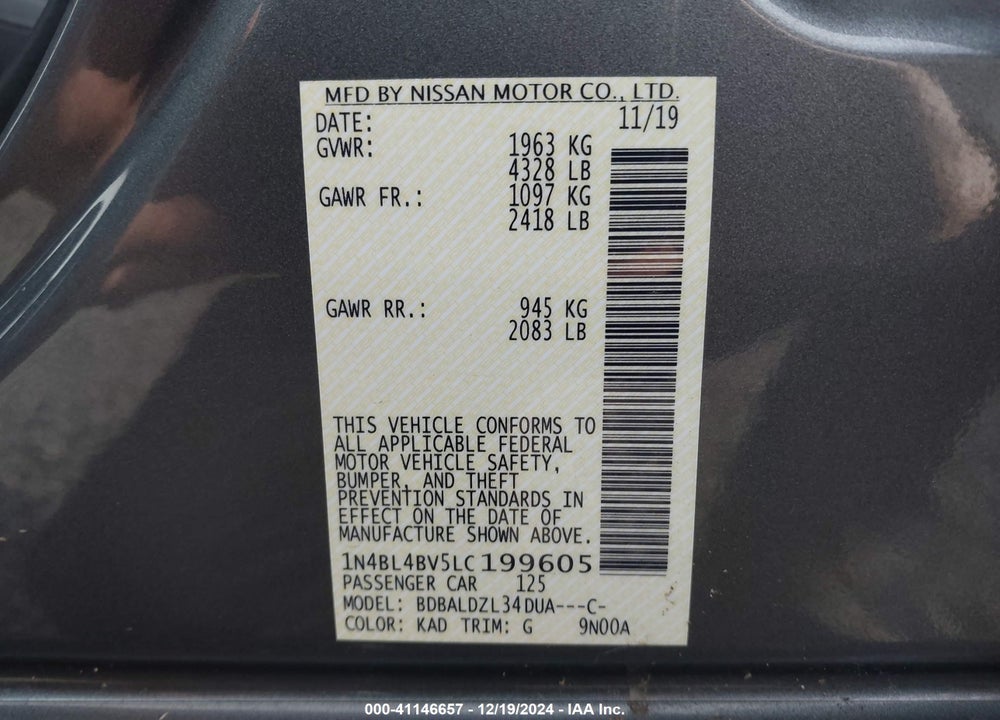 2020 NISSAN ALTIMA VIN: 1N4BL4BV5LC199605