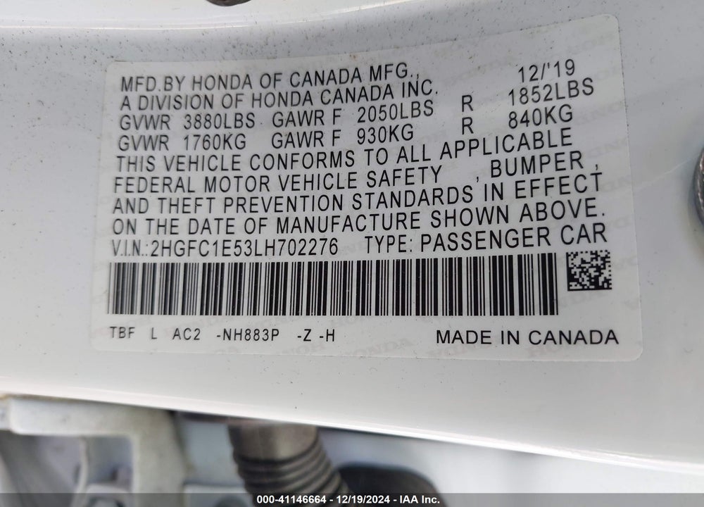 2020 HONDA CIVIC VIN: 2HGFC1E53LH702276