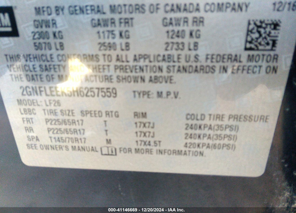 2017 CHEVROLET EQUINOX LS VIN: 2GNFLEEKSH6257559