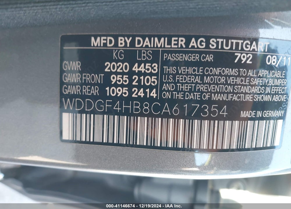 2012 MERCEDES-BENZ C 250 VIN: WDDGF4HB8CA617354