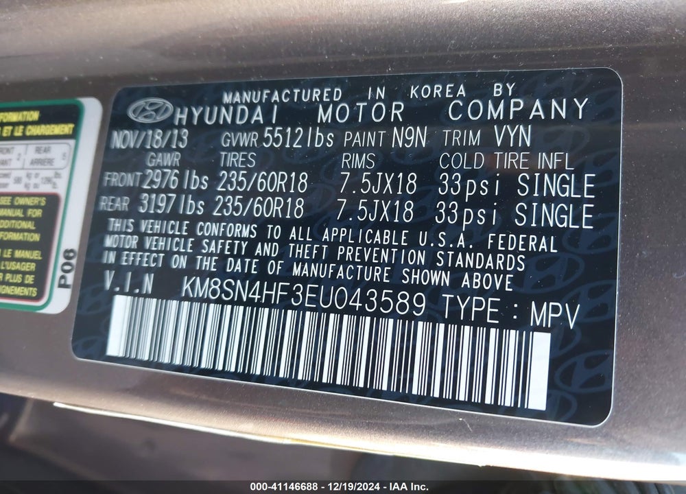 2014 HYUNDAI SANTA FE GLS VIN: KM8SN4HF3EU043589