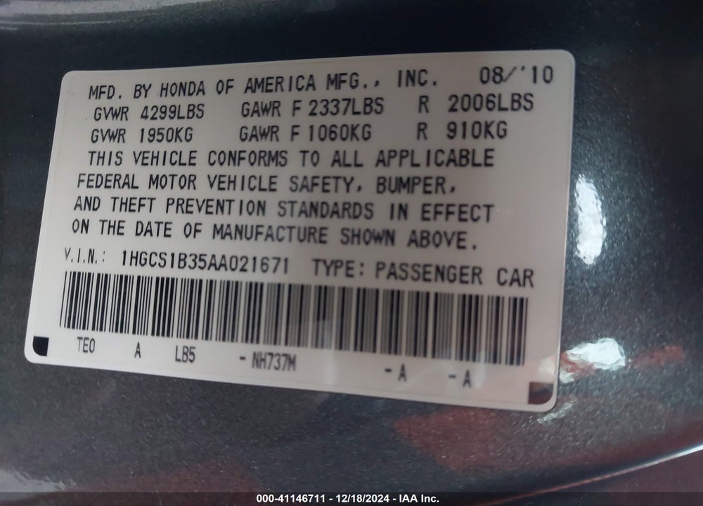 2010 HONDA ACCORD 2.4 LX-S VIN: 1HGCS1B35AA021671