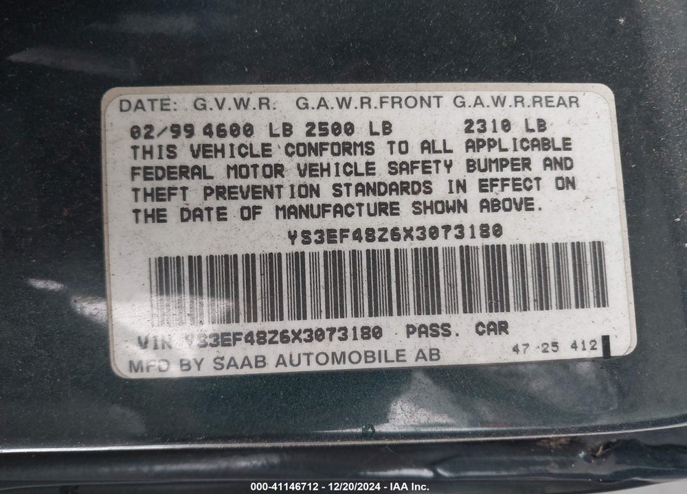 1999 SAAB 9-5 SE V6 VIN: YS3EF48Z6X3073180
