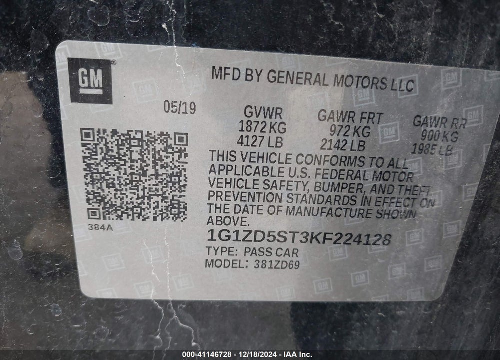 2019 CHEVROLET MALIBU VIN: 1G1ZD5ST3KF224128