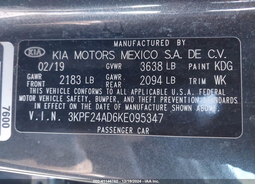 2019 KIA FORTE FE VIN: 3KPF24AD6KE095347
