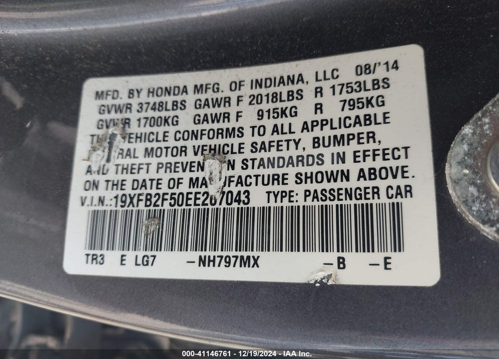 2014 HONDA CIVIC LX VIN: 19XFB2F50EE267043