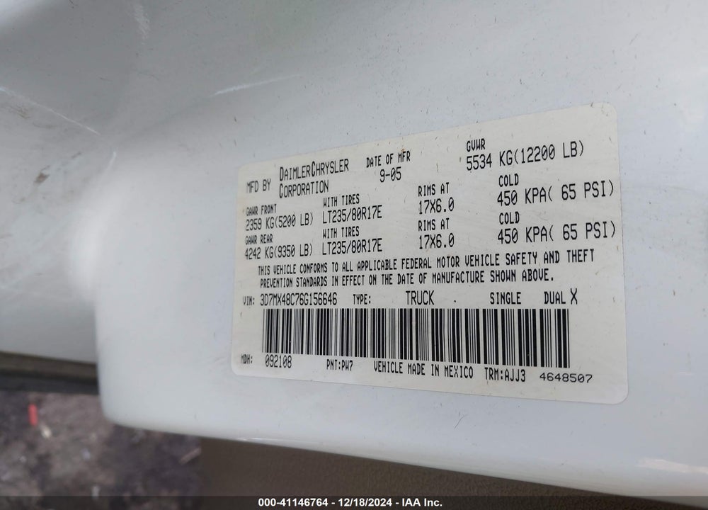 2006 DODGE RAM 3500 SLT/SPORT VIN: 3D7MX48C76G156646