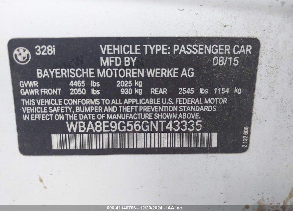 2016 BMW 328I VIN: WBA8E9G56GNT43335