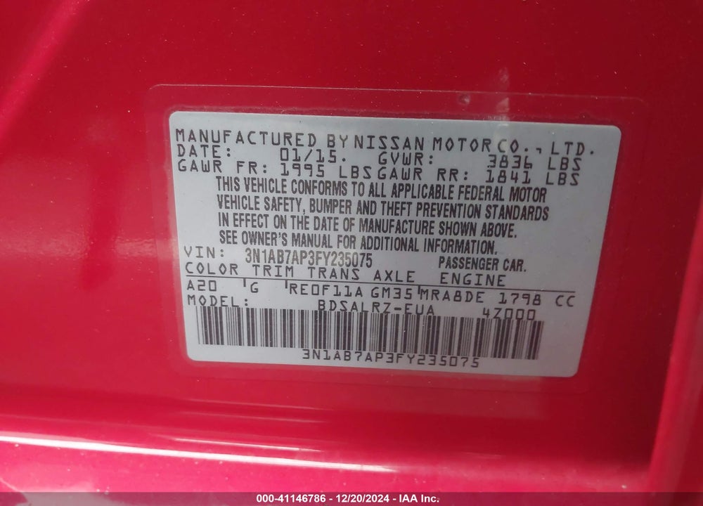 2015 NISSAN SENTRA SR VIN: 3N1AB7AP3FY235075