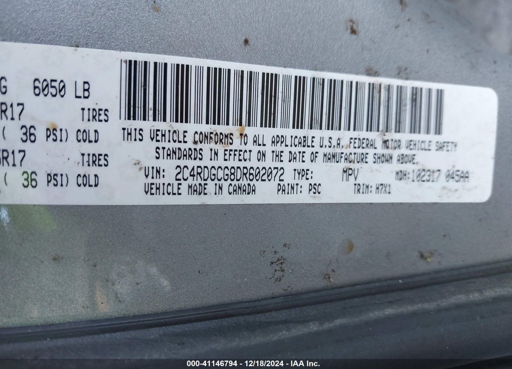2013 DODGE GRAND CARAVAN SXT VIN: 2C4RDGCG8DR602072