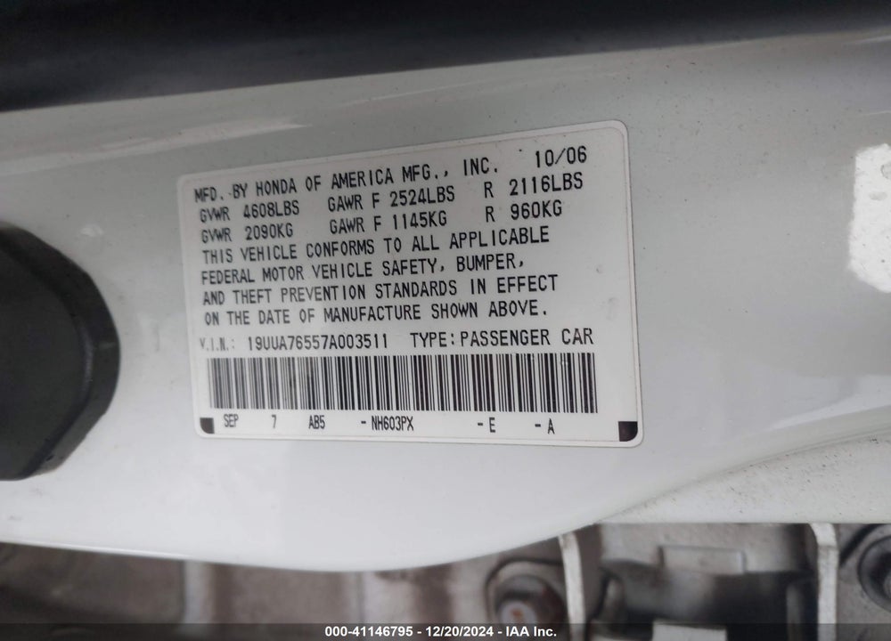 2007 ACURA TL VIN: 19UUA76557A003511