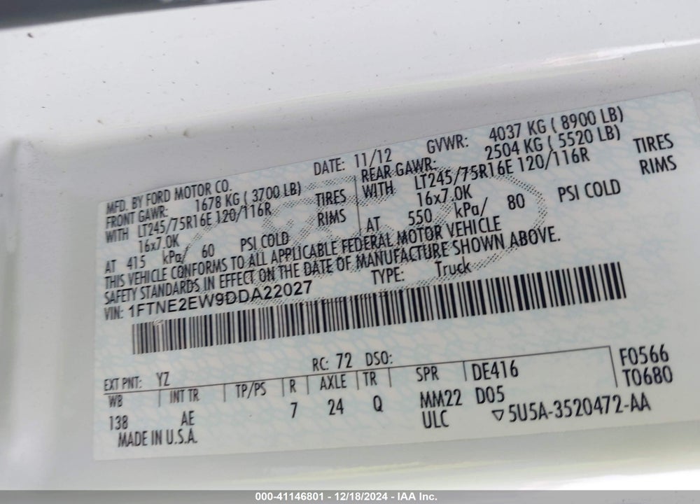 2013 FORD E-250 COMMERCIAL VIN: 1FTNE2EW9DDA22027