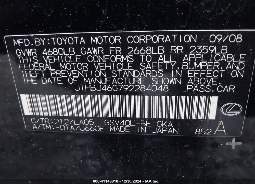 2009 LEXUS ES 350 VIN: JTHBJ46G792284048