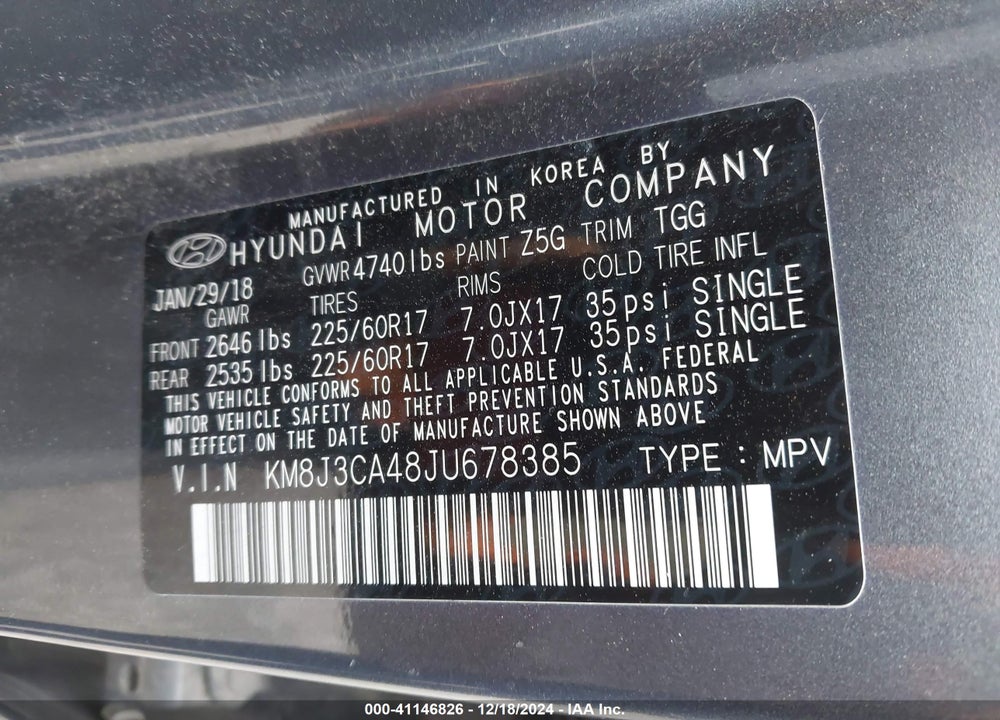 2018 HYUNDAI TUCSON SEL VIN: KM8J3CA48JU678385