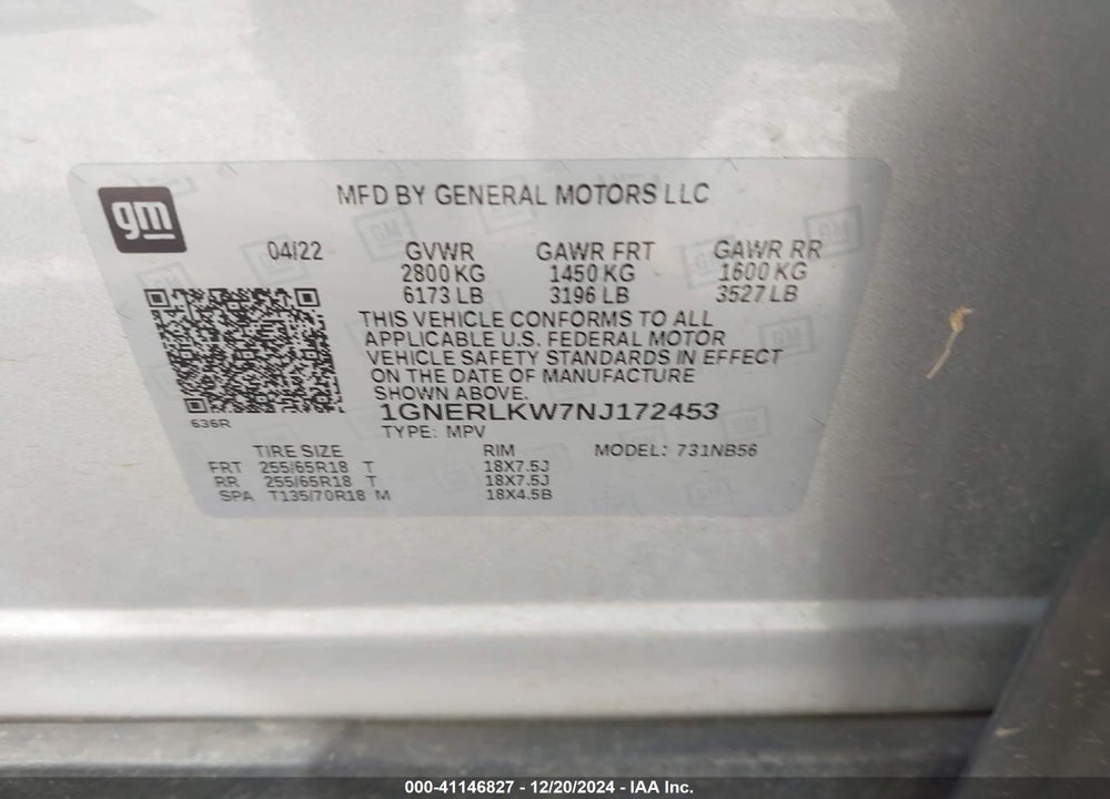 2022 CHEVROLET TRAVERSE FWD 1FL VIN: 1GNERLKW7NJ172453