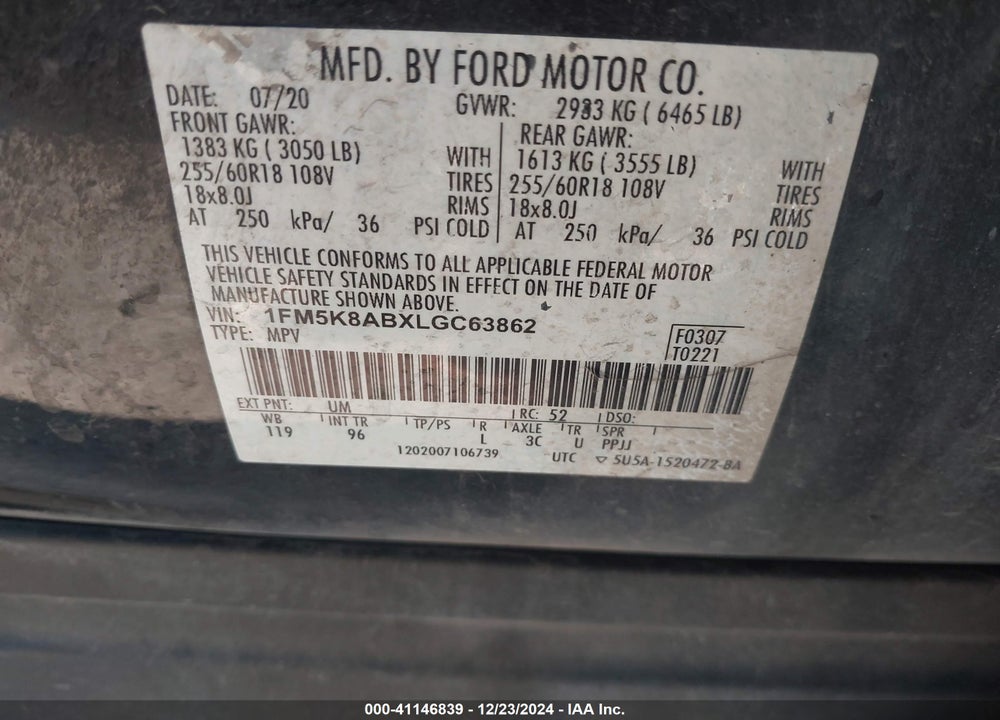 2020 FORD POLICE INTERCEPTOR VIN: 1FM5K8ABXLGC63862