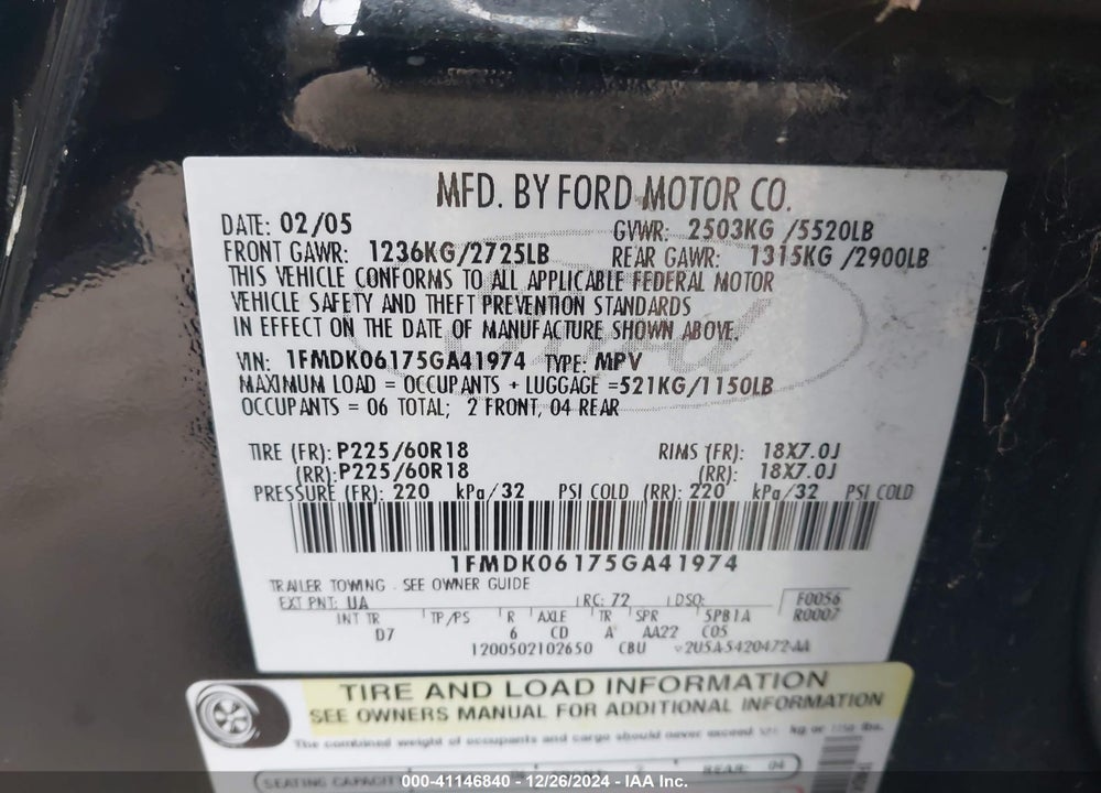 2005 FORD FREESTYLE LIMITED VIN: 1FMDK06175GA41974