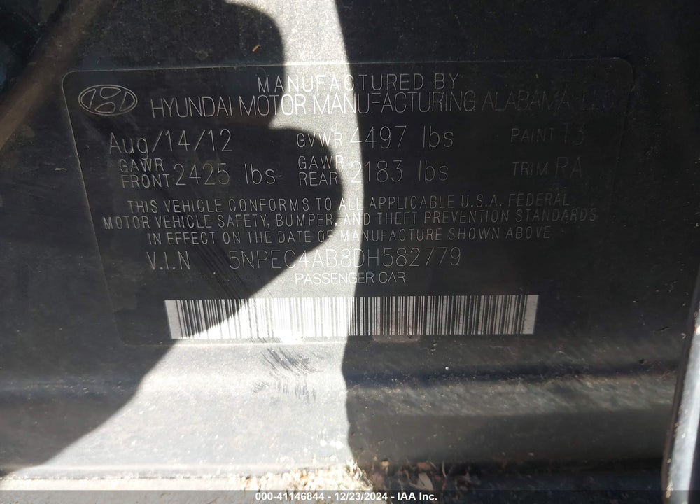2013 HYUNDAI SONATA SE 2.0T VIN: 5NPEC4AB8DH582779