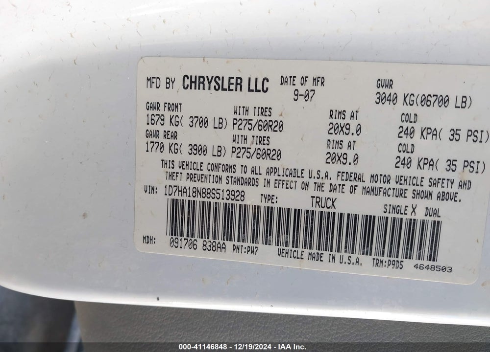 2008 DODGE RAM 1500 SLT VIN: 1D7HA18N88S513928