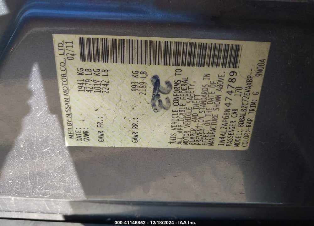 2011 NISSAN ALTIMA 2.5 S VIN: 1N4AL2AP6BN474789