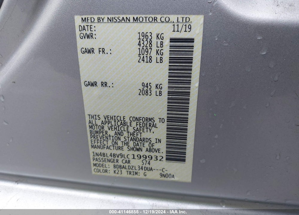2020 NISSAN ALTIMA S FWD VIN: 1N4BL4BV9LC199932