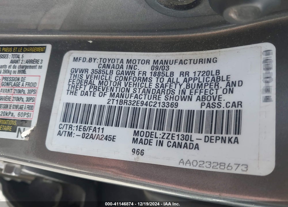 2004 TOYOTA COROLLA LE VIN: 2T1BR32E94C213369