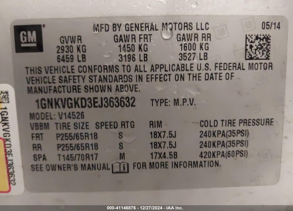 2014 CHEVROLET TRAVERSE 1LT VIN: 1GNKVGKD3EJ363632