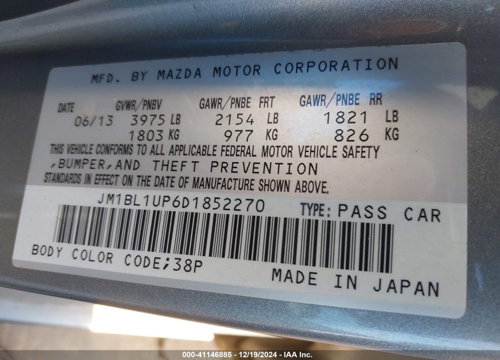 2013 MAZDA 3 I SPORT VIN: JM1BL1UP6D1852270