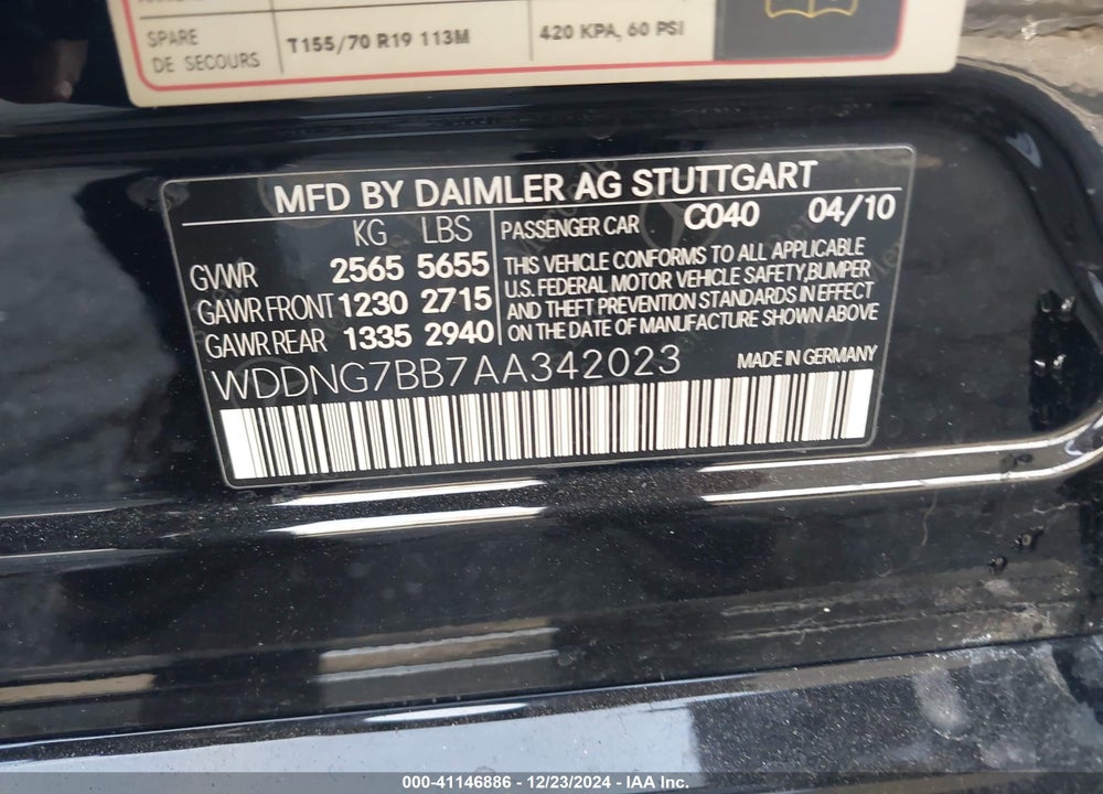 2010 MERCEDES-BENZ S 550 VIN: WDDNG7BB7AA342023
