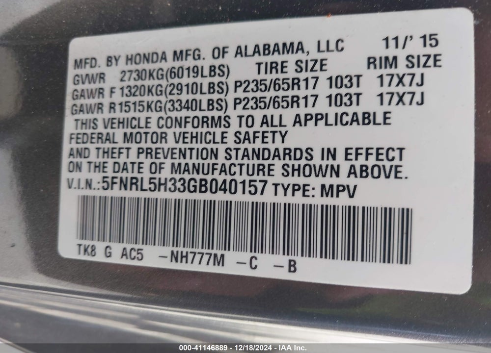 2016 HONDA ODYSSEY SE VIN: 5FNRL5H33GB040157