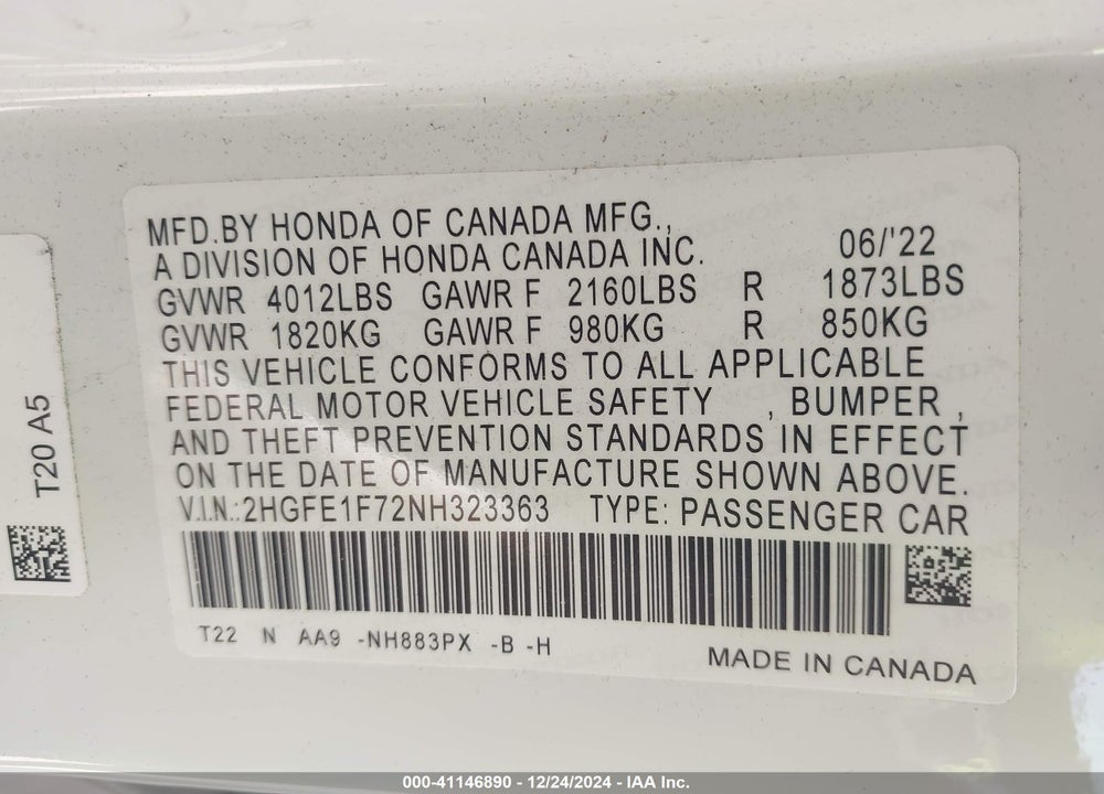 2022 HONDA CIVIC EX VIN: 2HGFE1F72NH323363