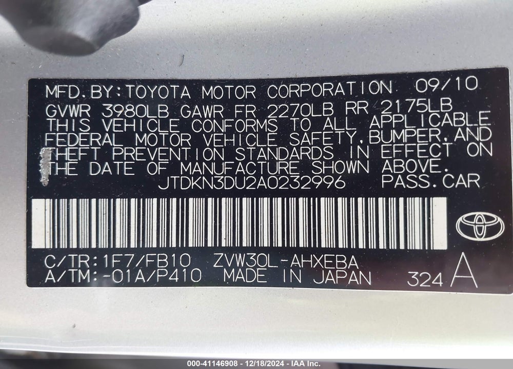 2010 TOYOTA PRIUS VIN: JTDKN3DU2A0232996
