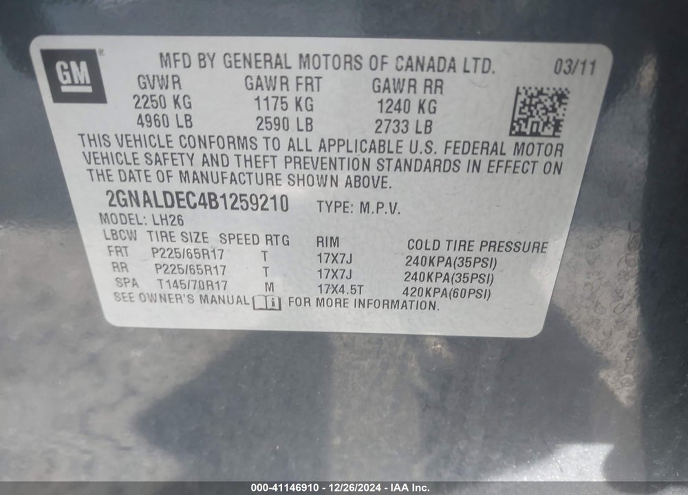 2011 CHEVROLET EQUINOX 1LT VIN: 2GNALDEC4B1259210