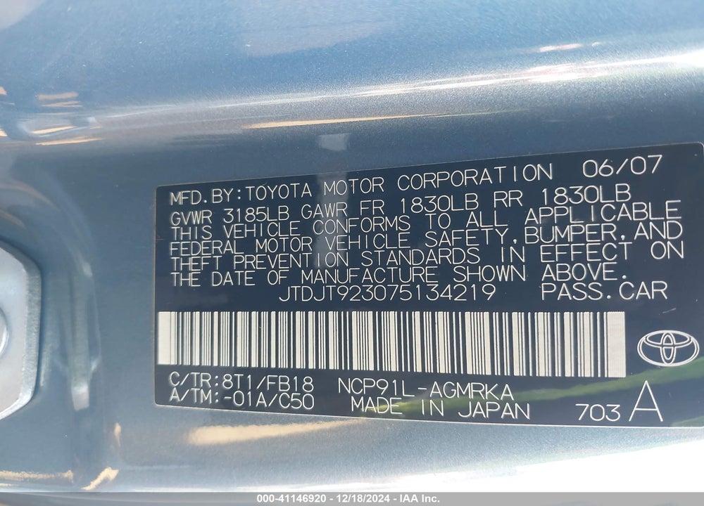2007 TOYOTA YARIS VIN: JTDJT923075134219