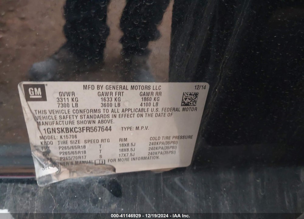 2015 CHEVROLET TAHOE LT VIN: 1GNSKBKC3FR567644