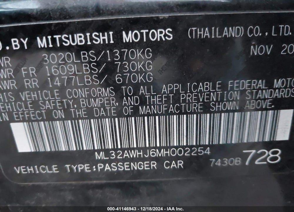 2021 MITSUBISHI MIRAGE SE VIN: ML32AWHJ6MH002254