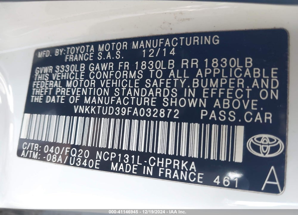 2015 TOYOTA YARIS L VIN: VNKKTUD39FA032872